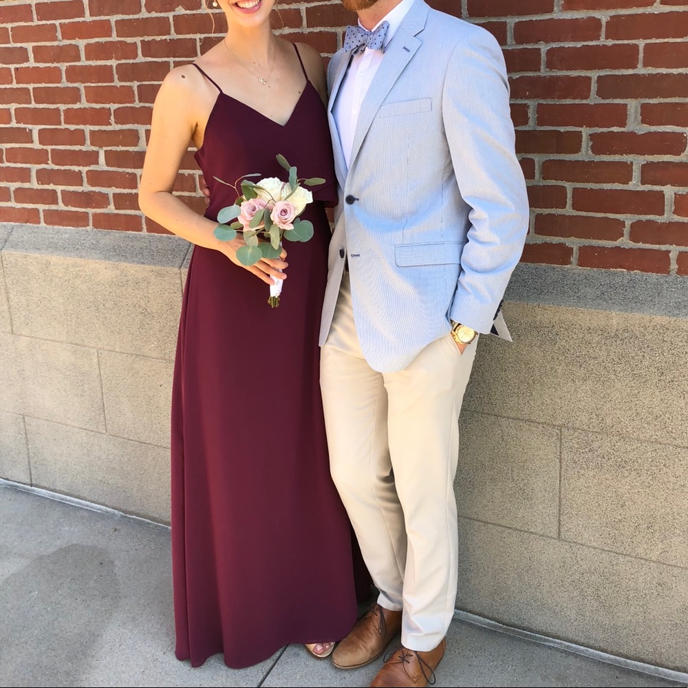 Burgundy bridesmaid dress with wrap flutter top ❤️